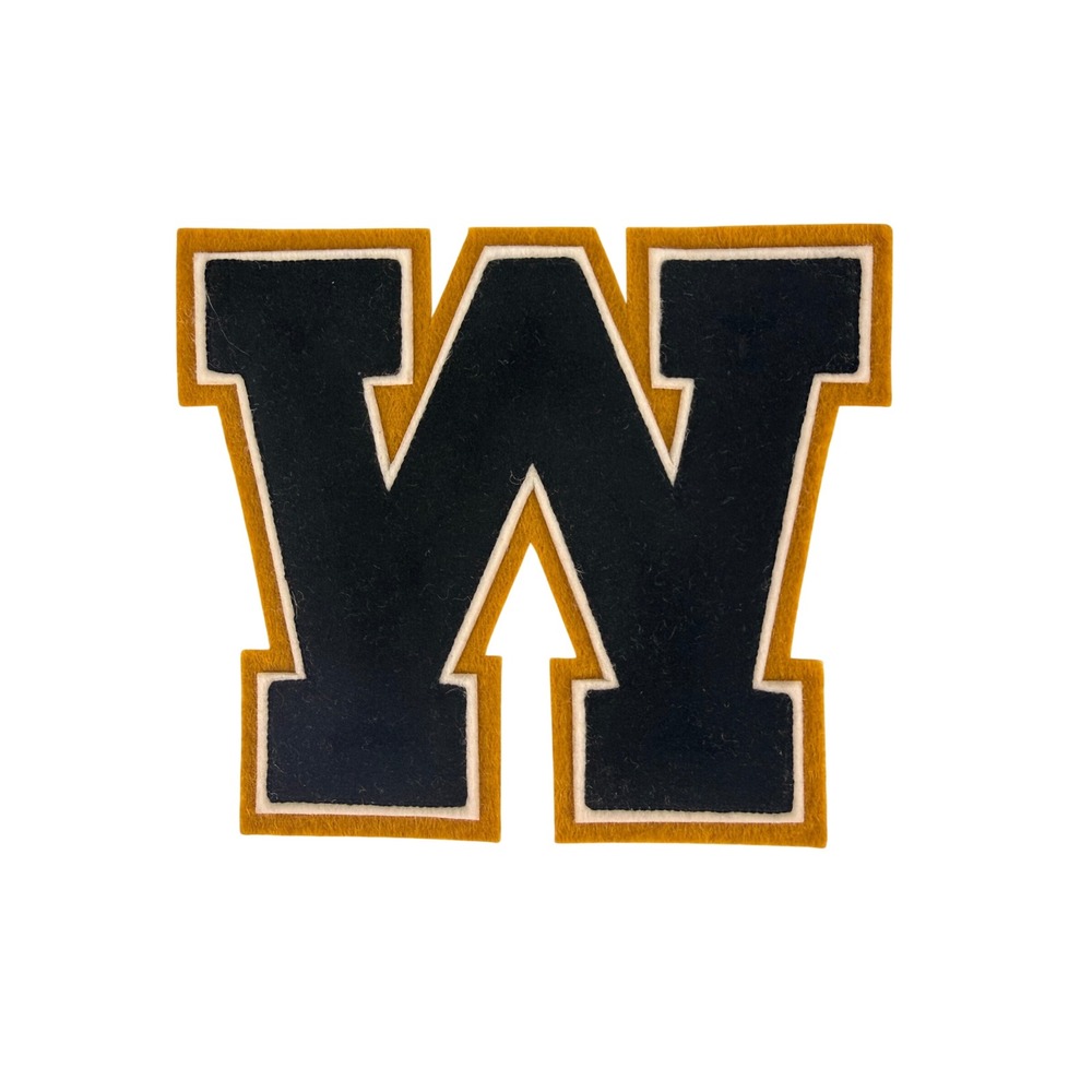 Vintage Chenille Varsity Letter Patch Black Gold White M W 6.75" Letterman NOS